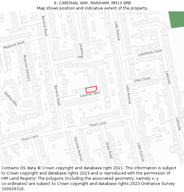 9, CARDINAL WAY, RAINHAM, RM13 9RB: Location map and indicative extent of plot