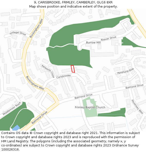 9, CARISBROOKE, FRIMLEY, CAMBERLEY, GU16 8XR: Location map and indicative extent of plot