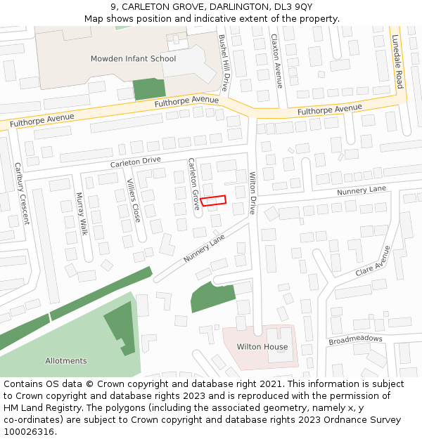 9, CARLETON GROVE, DARLINGTON, DL3 9QY: Location map and indicative extent of plot