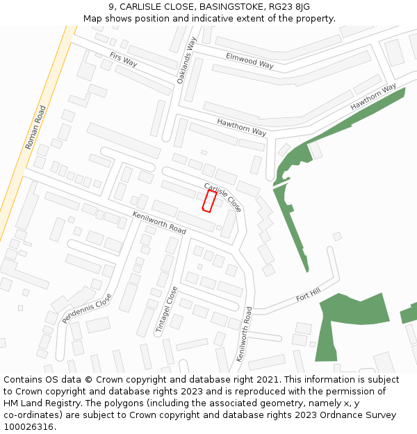 9, CARLISLE CLOSE, BASINGSTOKE, RG23 8JG: Location map and indicative extent of plot