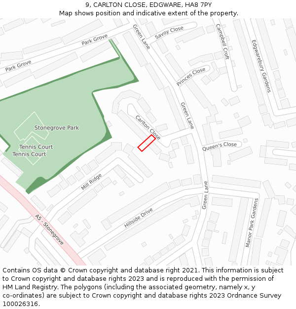 9, CARLTON CLOSE, EDGWARE, HA8 7PY: Location map and indicative extent of plot