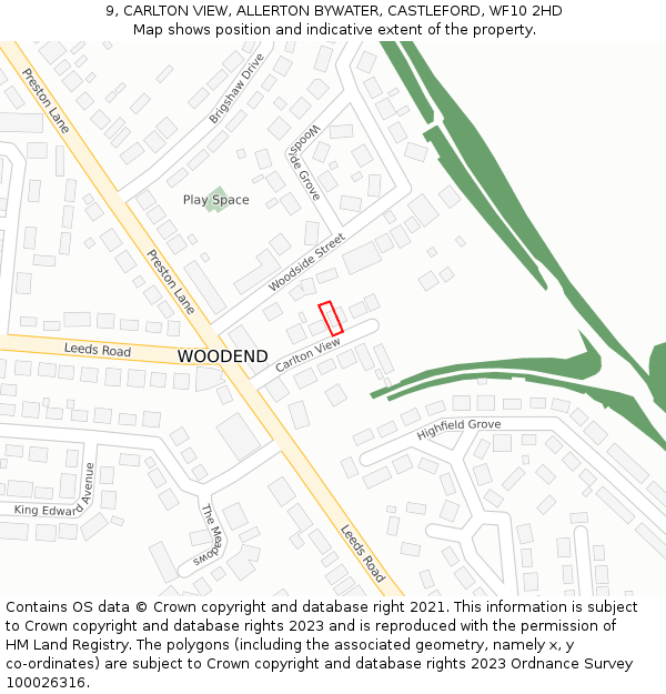 9, CARLTON VIEW, ALLERTON BYWATER, CASTLEFORD, WF10 2HD: Location map and indicative extent of plot