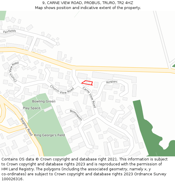 9, CARNE VIEW ROAD, PROBUS, TRURO, TR2 4HZ: Location map and indicative extent of plot