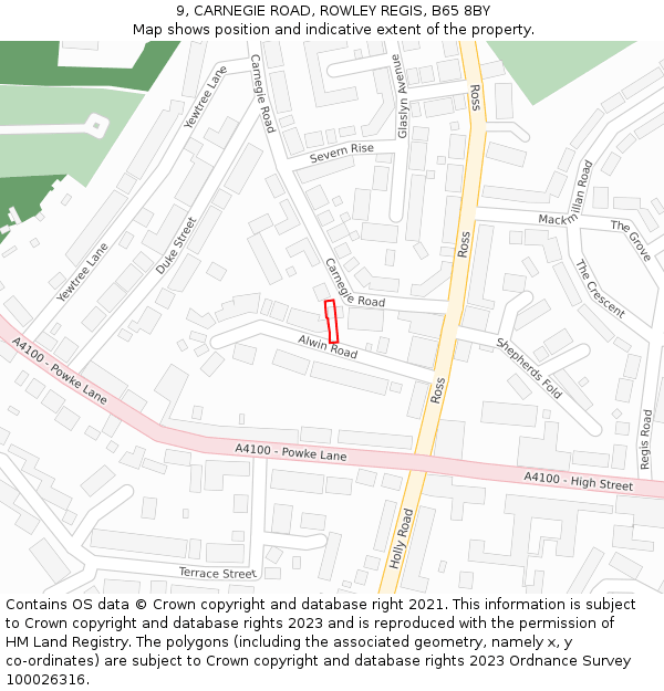 9, CARNEGIE ROAD, ROWLEY REGIS, B65 8BY: Location map and indicative extent of plot