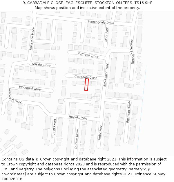 9, CARRADALE CLOSE, EAGLESCLIFFE, STOCKTON-ON-TEES, TS16 9HF: Location map and indicative extent of plot