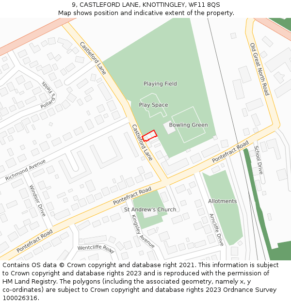 9, CASTLEFORD LANE, KNOTTINGLEY, WF11 8QS: Location map and indicative extent of plot