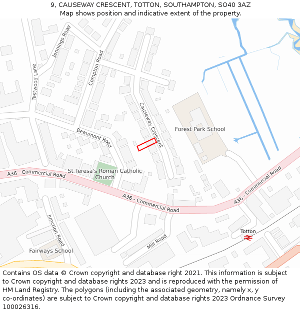 9, CAUSEWAY CRESCENT, TOTTON, SOUTHAMPTON, SO40 3AZ: Location map and indicative extent of plot