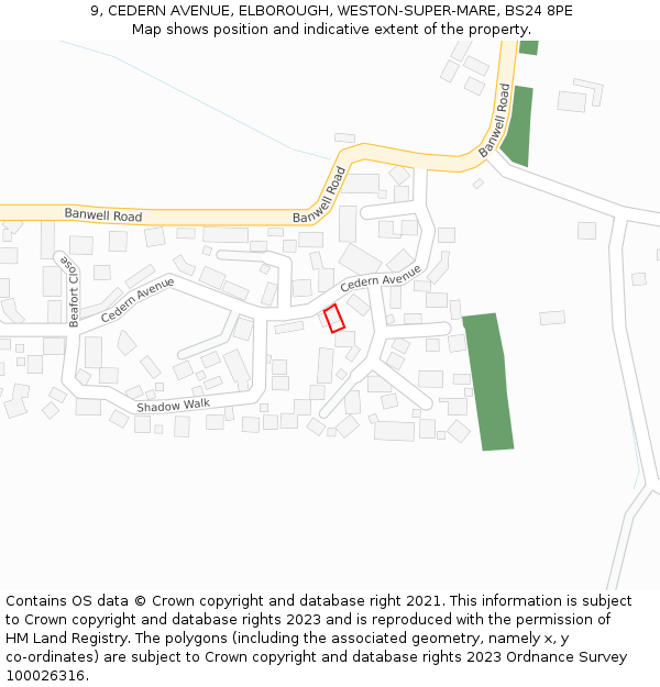 9, CEDERN AVENUE, ELBOROUGH, WESTON-SUPER-MARE, BS24 8PE: Location map and indicative extent of plot