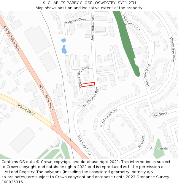 9, CHARLES PARRY CLOSE, OSWESTRY, SY11 2TU: Location map and indicative extent of plot
