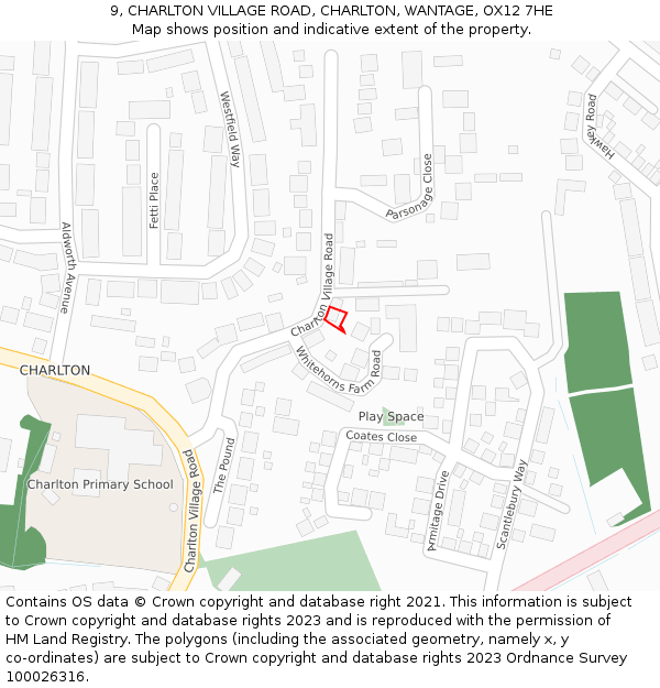 9, CHARLTON VILLAGE ROAD, CHARLTON, WANTAGE, OX12 7HE: Location map and indicative extent of plot