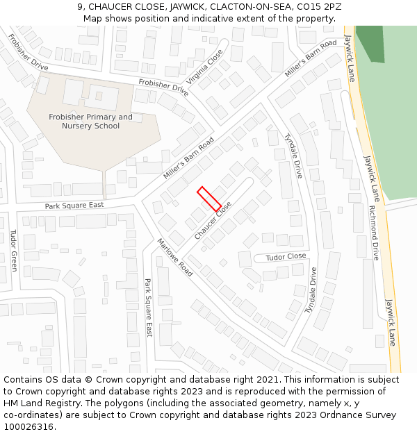 9, CHAUCER CLOSE, JAYWICK, CLACTON-ON-SEA, CO15 2PZ: Location map and indicative extent of plot