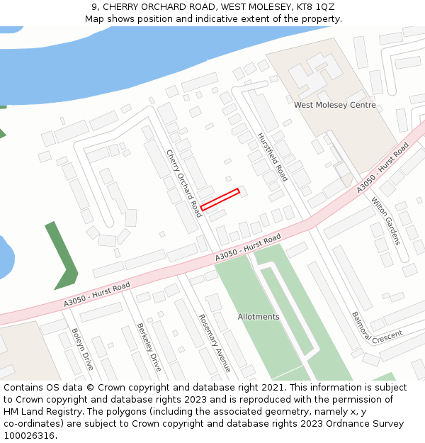 9, CHERRY ORCHARD ROAD, WEST MOLESEY, KT8 1QZ: Location map and indicative extent of plot