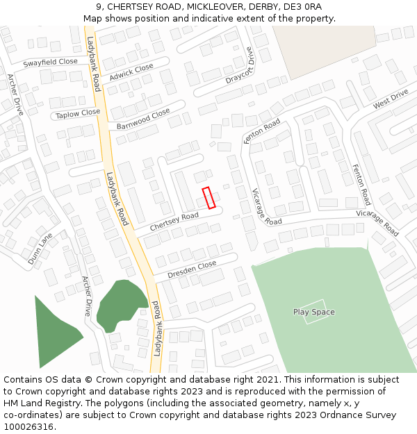 9, CHERTSEY ROAD, MICKLEOVER, DERBY, DE3 0RA: Location map and indicative extent of plot