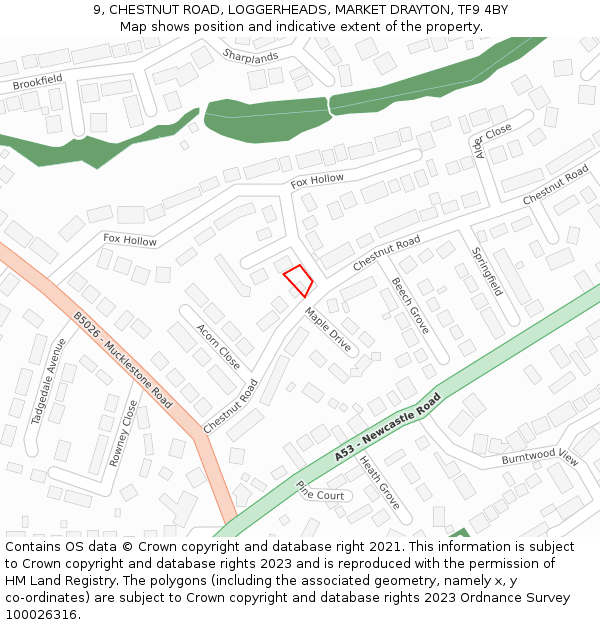 9, CHESTNUT ROAD, LOGGERHEADS, MARKET DRAYTON, TF9 4BY: Location map and indicative extent of plot