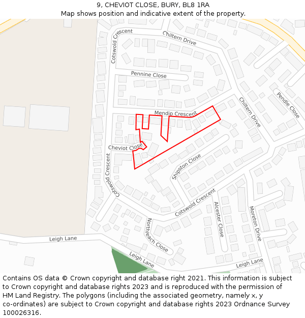 9, CHEVIOT CLOSE, BURY, BL8 1RA: Location map and indicative extent of plot