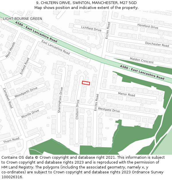 9, CHILTERN DRIVE, SWINTON, MANCHESTER, M27 5GD: Location map and indicative extent of plot