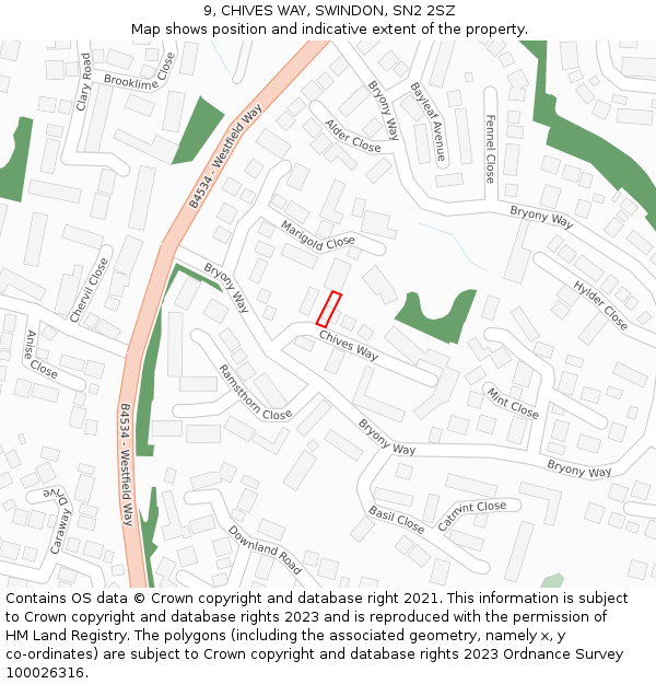 9, CHIVES WAY, SWINDON, SN2 2SZ: Location map and indicative extent of plot