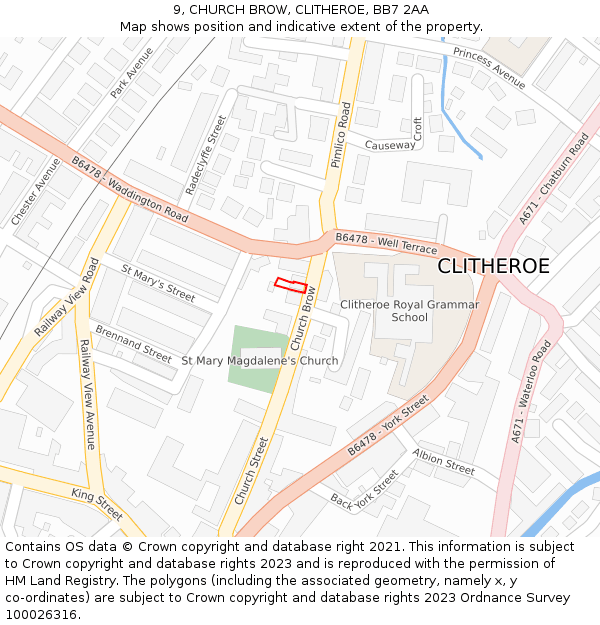 9, CHURCH BROW, CLITHEROE, BB7 2AA: Location map and indicative extent of plot