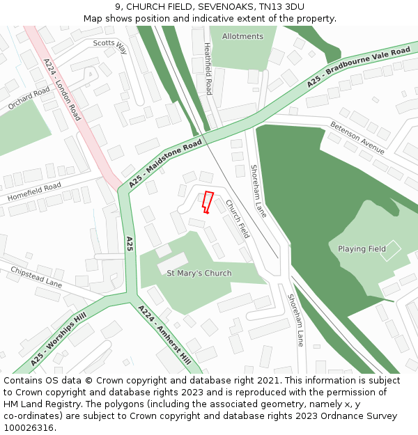 9, CHURCH FIELD, SEVENOAKS, TN13 3DU: Location map and indicative extent of plot