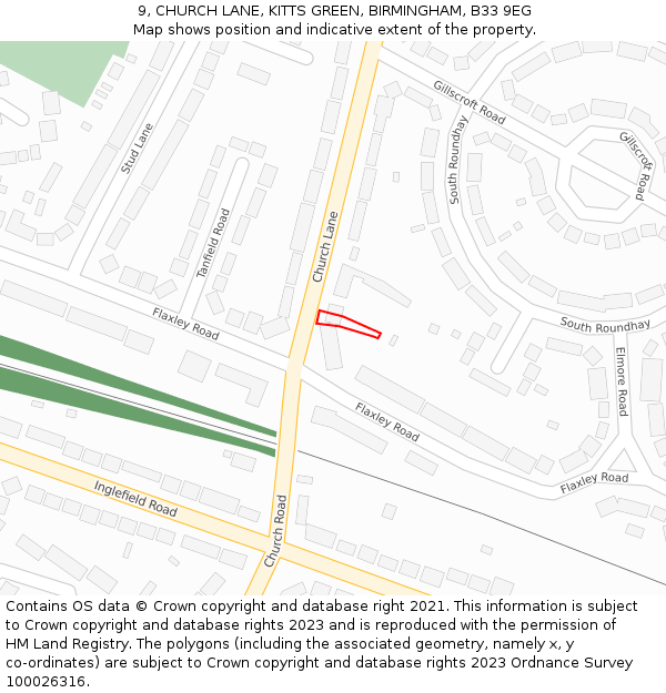 9, CHURCH LANE, KITTS GREEN, BIRMINGHAM, B33 9EG: Location map and indicative extent of plot