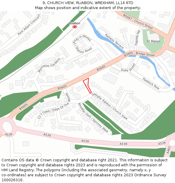 9, CHURCH VIEW, RUABON, WREXHAM, LL14 6TD: Location map and indicative extent of plot