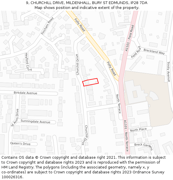 9, CHURCHILL DRIVE, MILDENHALL, BURY ST EDMUNDS, IP28 7DA: Location map and indicative extent of plot