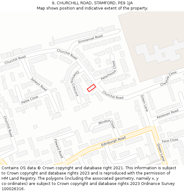 9, CHURCHILL ROAD, STAMFORD, PE9 1JA: Location map and indicative extent of plot