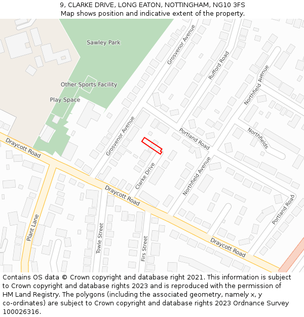 9, CLARKE DRIVE, LONG EATON, NOTTINGHAM, NG10 3FS: Location map and indicative extent of plot