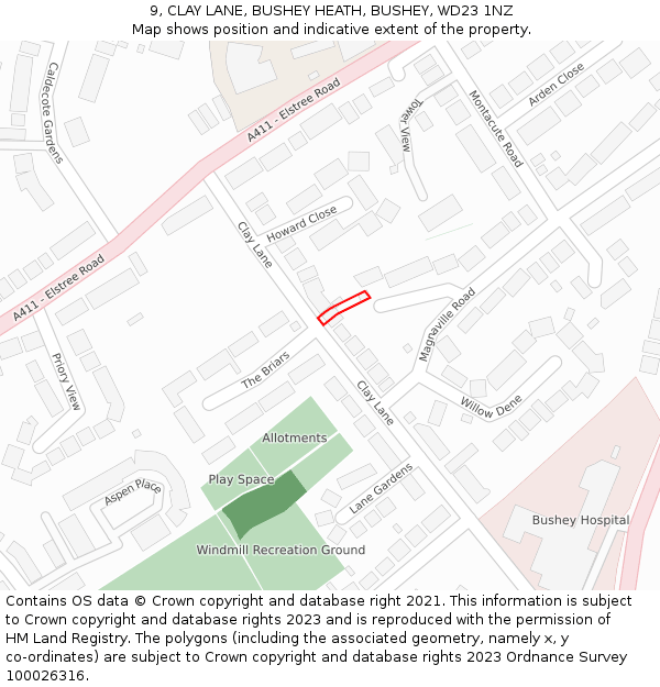 9, CLAY LANE, BUSHEY HEATH, BUSHEY, WD23 1NZ: Location map and indicative extent of plot