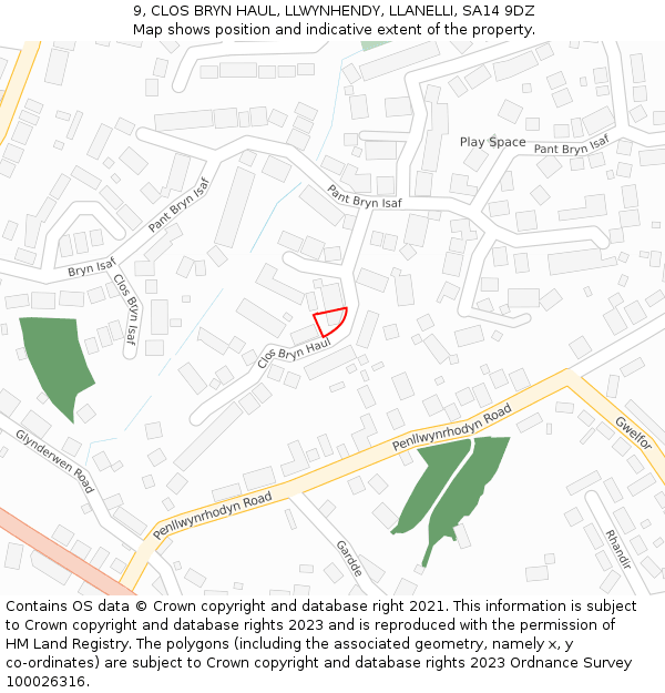 9, CLOS BRYN HAUL, LLWYNHENDY, LLANELLI, SA14 9DZ: Location map and indicative extent of plot