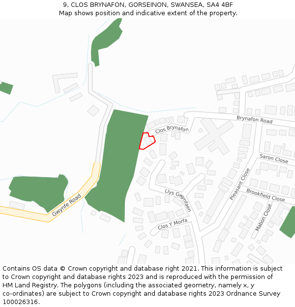 9, CLOS BRYNAFON, GORSEINON, SWANSEA, SA4 4BF: Location map and indicative extent of plot