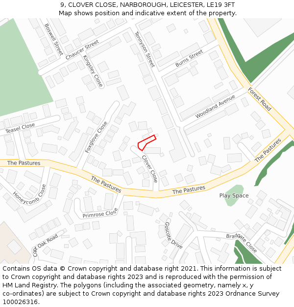 9, CLOVER CLOSE, NARBOROUGH, LEICESTER, LE19 3FT: Location map and indicative extent of plot