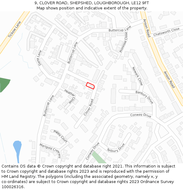 9, CLOVER ROAD, SHEPSHED, LOUGHBOROUGH, LE12 9FT: Location map and indicative extent of plot