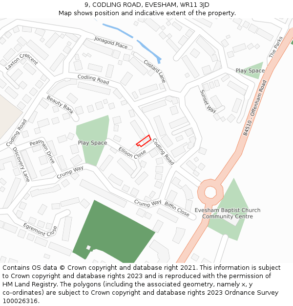 9, CODLING ROAD, EVESHAM, WR11 3JD: Location map and indicative extent of plot