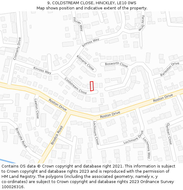 9, COLDSTREAM CLOSE, HINCKLEY, LE10 0WS: Location map and indicative extent of plot