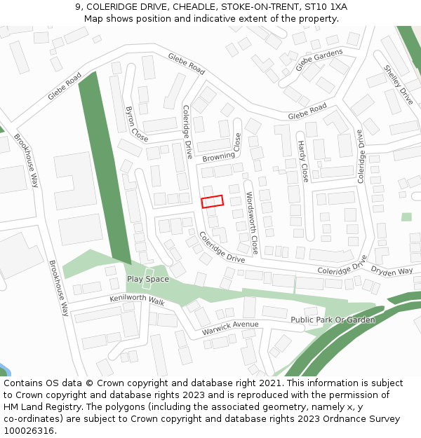 9, COLERIDGE DRIVE, CHEADLE, STOKE-ON-TRENT, ST10 1XA: Location map and indicative extent of plot