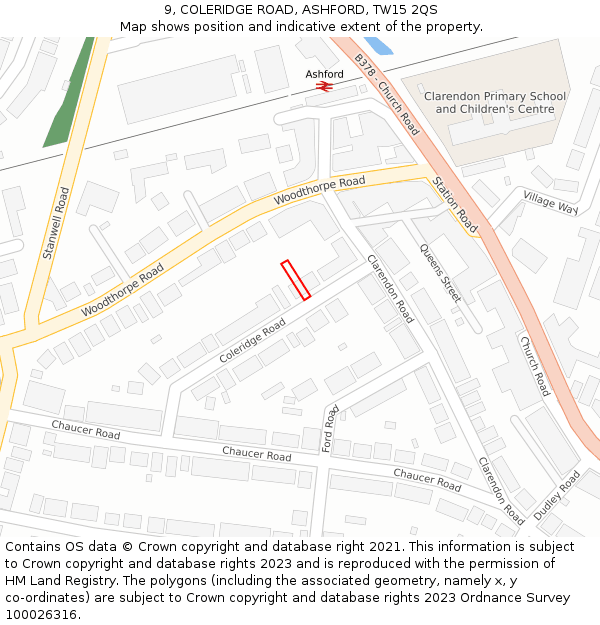 9, COLERIDGE ROAD, ASHFORD, TW15 2QS: Location map and indicative extent of plot