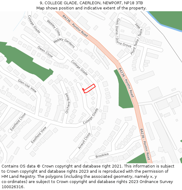 9, COLLEGE GLADE, CAERLEON, NEWPORT, NP18 3TB: Location map and indicative extent of plot