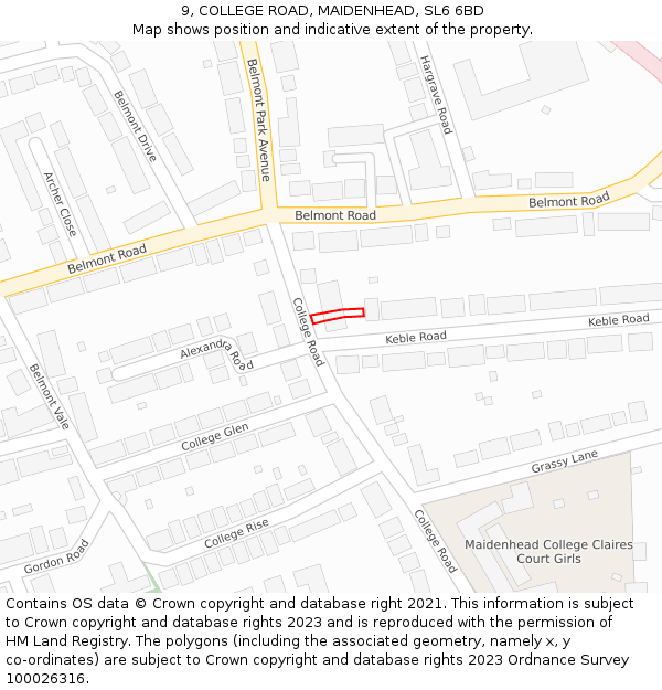 9, COLLEGE ROAD, MAIDENHEAD, SL6 6BD: Location map and indicative extent of plot