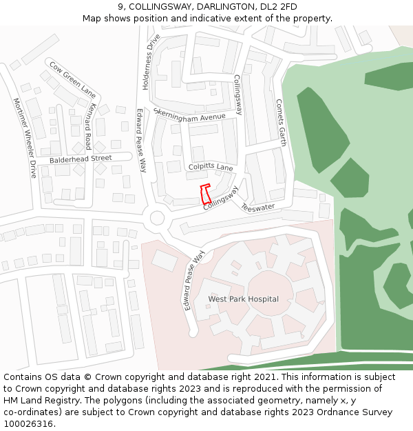 9, COLLINGSWAY, DARLINGTON, DL2 2FD: Location map and indicative extent of plot