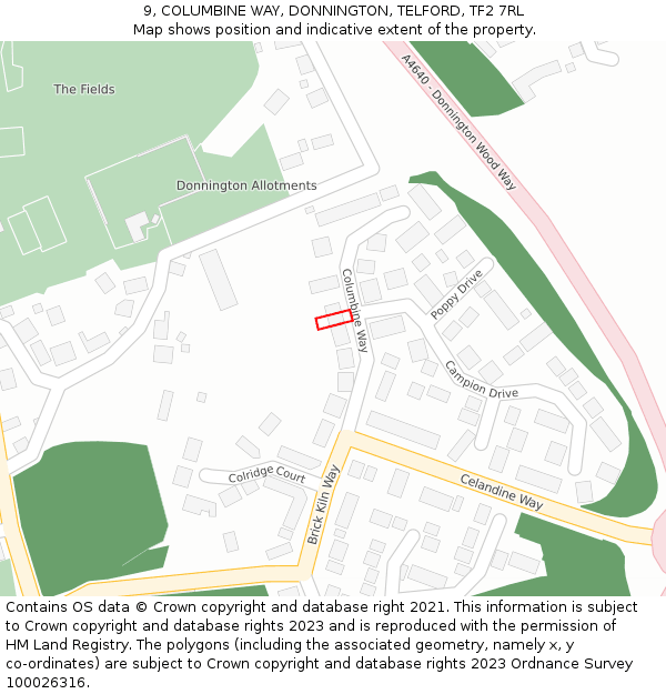 9, COLUMBINE WAY, DONNINGTON, TELFORD, TF2 7RL: Location map and indicative extent of plot