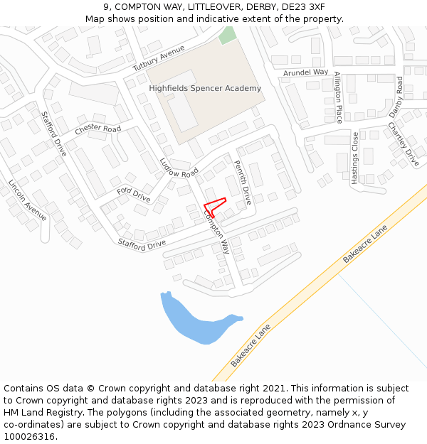 9, COMPTON WAY, LITTLEOVER, DERBY, DE23 3XF: Location map and indicative extent of plot