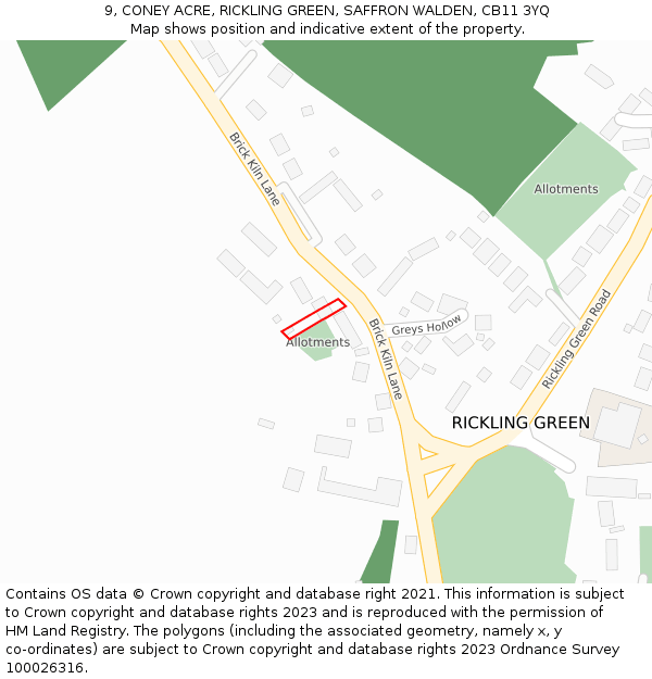 9, CONEY ACRE, RICKLING GREEN, SAFFRON WALDEN, CB11 3YQ: Location map and indicative extent of plot