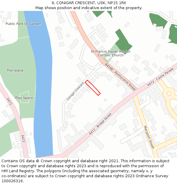 9, CONIGAR CRESCENT, USK, NP15 1RX: Location map and indicative extent of plot