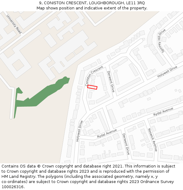 9, CONISTON CRESCENT, LOUGHBOROUGH, LE11 3RQ: Location map and indicative extent of plot