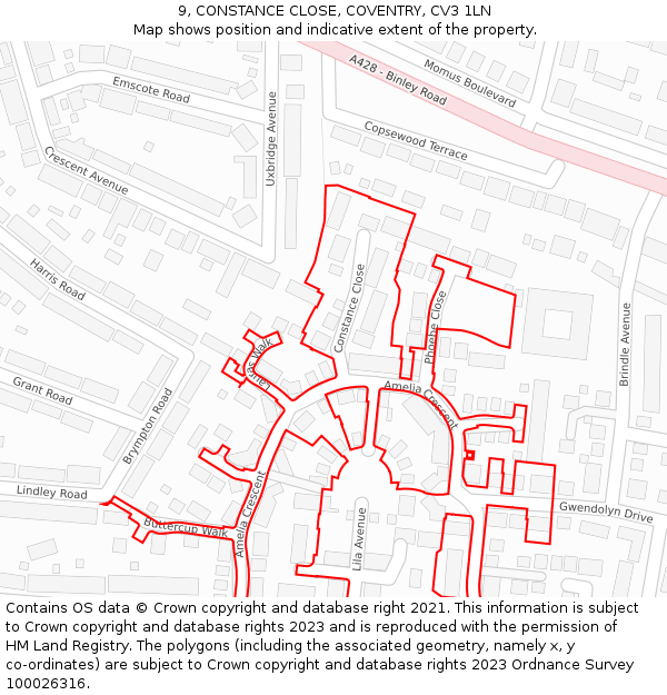 9, CONSTANCE CLOSE, COVENTRY, CV3 1LN: Location map and indicative extent of plot