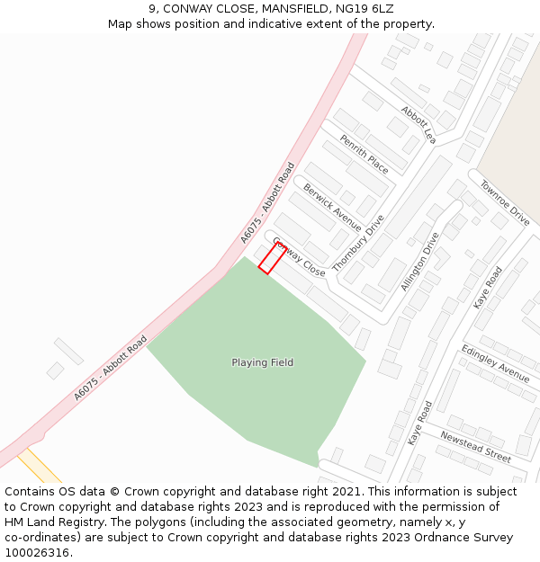 9, CONWAY CLOSE, MANSFIELD, NG19 6LZ: Location map and indicative extent of plot