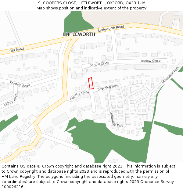 9, COOPERS CLOSE, LITTLEWORTH, OXFORD, OX33 1UA: Location map and indicative extent of plot