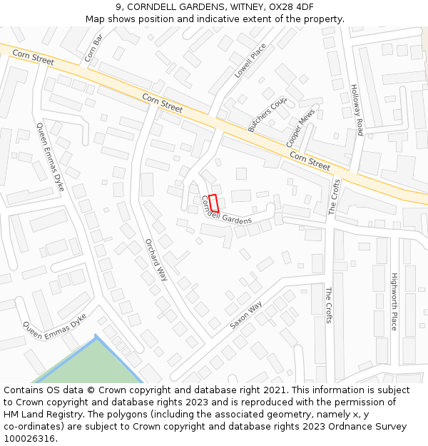 9, CORNDELL GARDENS, WITNEY, OX28 4DF: Location map and indicative extent of plot