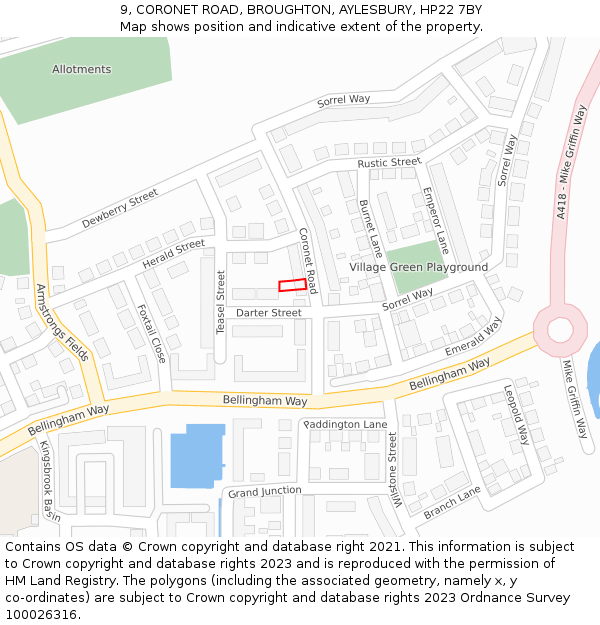 9, CORONET ROAD, BROUGHTON, AYLESBURY, HP22 7BY: Location map and indicative extent of plot